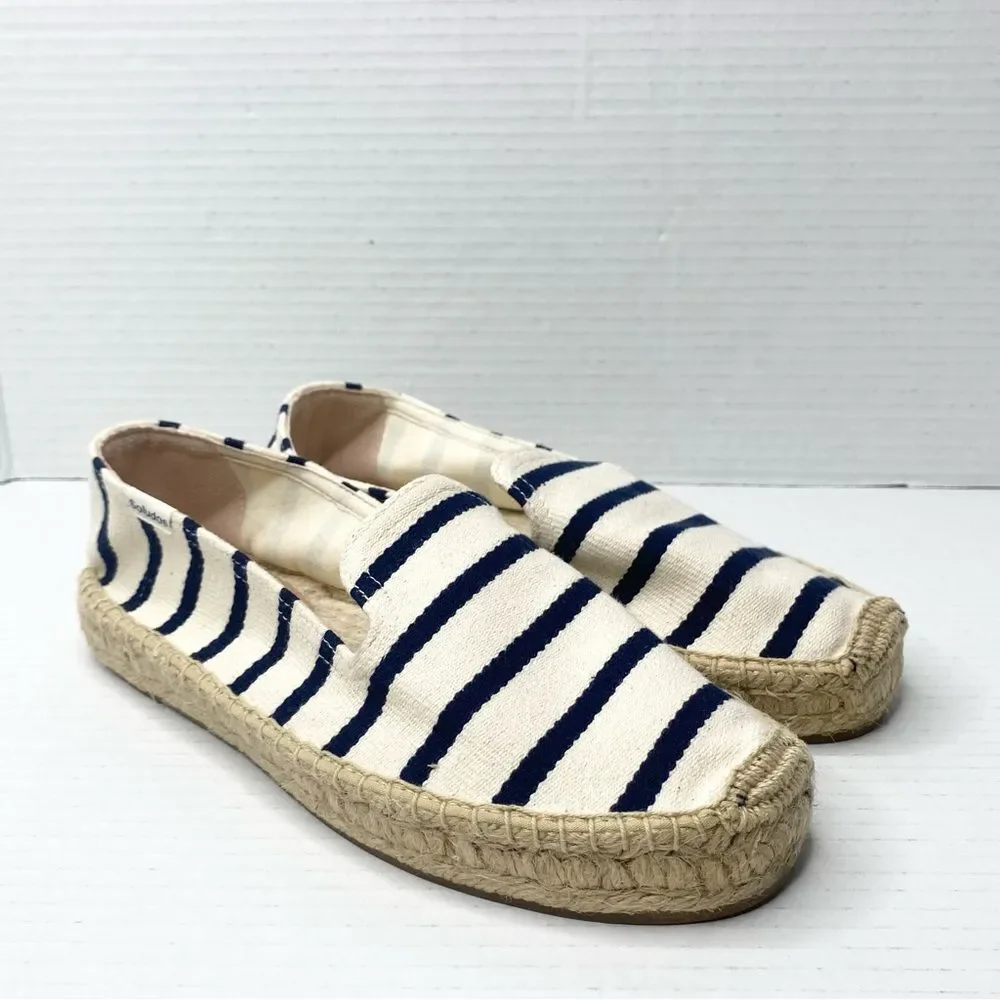 Soludos Womens 7.5 Stripe Smoking Slipper Canvas Shoes Espadrille Cream Navy - Picture 2 of 8